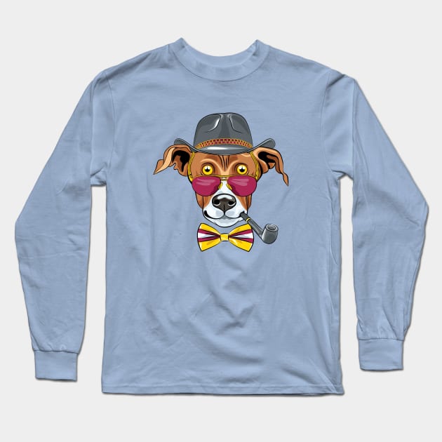 Hipster Greyhound Dog  in a hat, glasses and bow tie Long Sleeve T-Shirt by kavalenkava